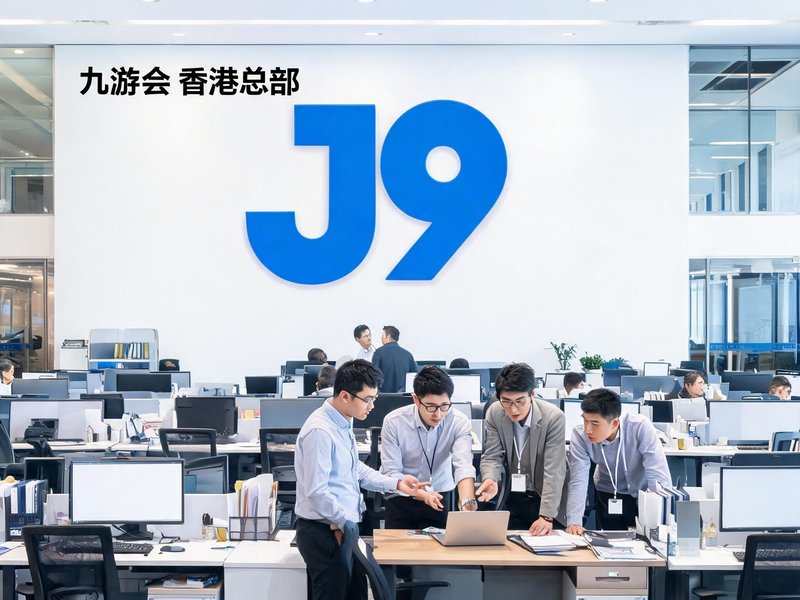 九游会香港总部开放式办公区，员工在讨论项目，墙上挂着J9品牌标志