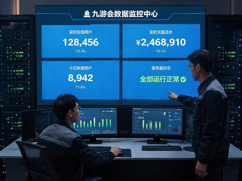 九游会数据监控中心大屏幕显示实时运营数据，技术人员在调试服务器