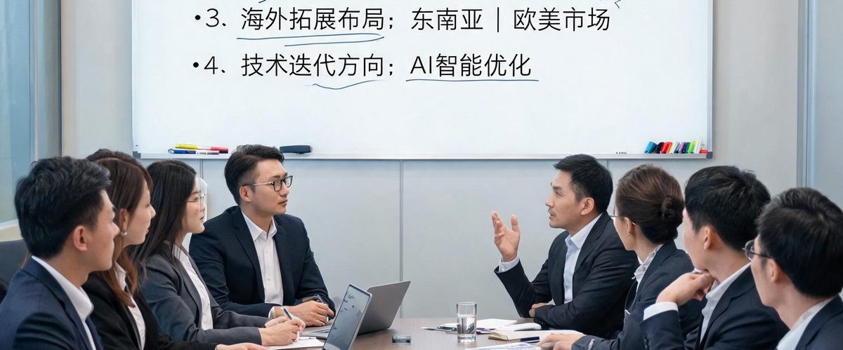 九游会核心团队在会议室进行战略规划，白板上写满创新方案